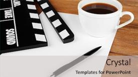  Presentation with director - Audience pleasing presentation theme consisting of film director - movie clapper with paper pen backdrop and a light gray colored foreground