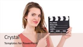 Presentation with film director - Presentation theme with film director - woman with clapperboard isolated background and a  colored foreground
