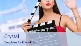  Presentation with clapper - Beautiful presentation featuring film director - young woman holding clapper board backdrop and a  colored foreground