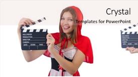  Presentation with airport boarding board - Beautiful PPT theme featuring film festival - young woman waiter with movie backdrop and a coral colored foreground