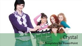  Presentation with women making - Audience pleasing presentation theme consisting of film making - man with clapboard over women backdrop and a ocean colored foreground