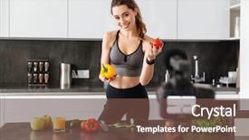  Presentation with healthy food and tea - Amazing presentation theme having film marketing - happy healthy young girl recording backdrop and a  colored foreground