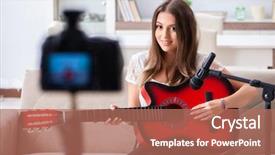  Presentation with film music - Beautiful slide set featuring film music - female beautiful blogger playing guitar backdrop and a coral colored foreground