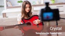  Presentation with film music - Colorful presentation design enhanced with film music - female beautiful blogger playing guitar backdrop and a violet colored foreground
