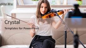  Presentation with film music - PPT theme enhanced with film music - female beautiful blogger playing violin background and a coral colored foreground