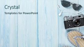  Presentation with film music - Cool new PPT theme with film music - travel and vacation items backdrop and a sky blue colored foreground