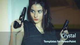  Presentation with gun shooting target - PPT theme having film noir - model brunette girl with gun background and a tawny brown colored foreground