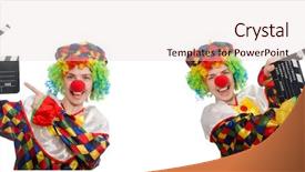  Presentation with clapper - Colorful theme enhanced with film producer funny - clown with movie clapper isolated backdrop and a lemonade colored foreground