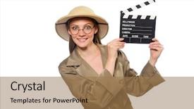  Presentation with white and black woman climbing ladders - PPT theme enhanced with film producer funny - woman wearing safari hat background and a coral colored foreground