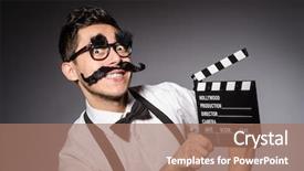  Presentation with gray - Presentation with film producer funny - young man with false moustache background and a coral colored foreground