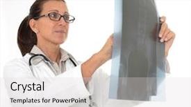  Presentation with patients - Theme enhanced with film review - mature female doctor examining background and a  colored foreground