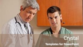  Presentation with doctor asian obese - Slides having film review - portrait of male technician background and a coral colored foreground