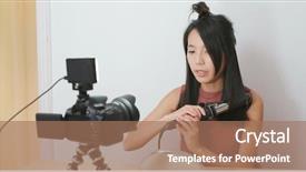  Presentation with hair - Slides having film review - woman showing hair curler background and a coral colored foreground