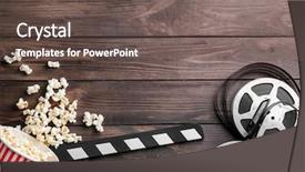  Presentation with clapboard - Colorful slide set enhanced with filmstrip - tasty popcorn movie reel backdrop and a tawny brown colored foreground