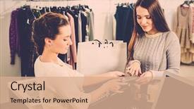  Presentation with health care customer service - Amazing PPT theme having filter bag - happy woman customer paying backdrop and a  colored foreground