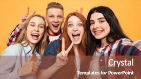  Presentation with selfie - Slide deck enhanced with fin d etude - group of smiling school friends background and a tawny brown colored foreground