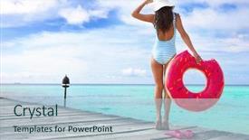  Presentation with summer holiday move - Cool new theme with fin ring - tropical summer holiday concept woman backdrop and a  colored foreground