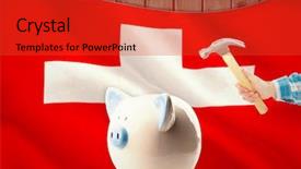  Presentation with swim against the current - Presentation design featuring finacial investment - hand holding hammer against digitally background and a red colored foreground