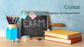  Presentation with exam - Presentation consisting of final education - blackboard with word exam notebooks background and a light blue colored foreground