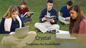  Presentation with final - Beautiful PPT layouts featuring final education - five students sat reading outdoors backdrop and a coral colored foreground