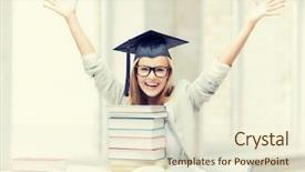  Presentation with stack books - Theme having final education - happy student in graduation cap background and a cream colored foreground