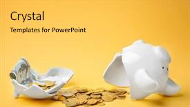  Presentation with piggy bank - Slide set with finance - broken piggy bank with money background and a light gray colored foreground