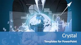  Presentation with modern tech - Cool new presentation theme with finance - businessman pressing high tech type backdrop and a teal colored foreground