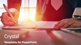  Presentation with finance - Colorful presentation design enhanced with finance - close up businessman signing documents backdrop and a coral colored foreground