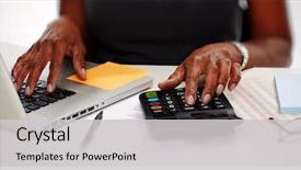  Presentation with calculator - Audience pleasing slides consisting of finance - hands with calculator backdrop and a light gray colored foreground