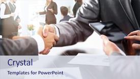  Presentation with discussion - Colorful presentation theme enhanced with finance - handshake of business partners backdrop and a sky blue colored foreground