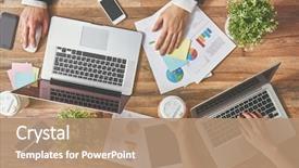  Presentation with finance computers - Beautiful PPT theme featuring finance - man and woman working backdrop and a coral colored foreground