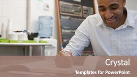  Presentation with cafe - Cool new slide deck with finance - man doing accounts in cafe backdrop and a coral colored foreground