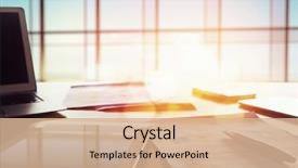  Presentation with workplace - Slides having finance - office workplace with laptop background and a coral colored foreground