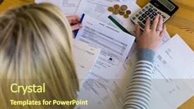  Presentation with bankruptcy - Slide deck having finance - woman with unpaid bills has background and a tawny brown colored foreground