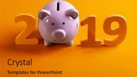  Presentation with year of the pig - Slide deck having finance - year 2019 smiling pink piggy background and a gray colored foreground