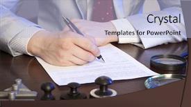  Presentation with notary - Slide deck enhanced with finance act - lawyer notary signs the documents background and a  colored foreground