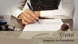  Presentation with notary - Presentation theme having finance act - woman notary lawyer signs background and a coral colored foreground