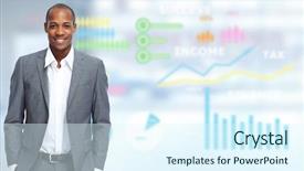  Presentation with executive - Slide deck with finance adviser - young executive businessman over office background and a sky blue colored foreground