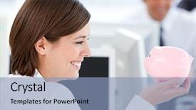  Presentation with finance - Slides with finance amimated - smiling businesswoman holding a piggybank background and a light blue colored foreground