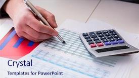  Presentation with get more from your financial reports - Beautiful presentation theme featuring finance analyst looking and financial backdrop and a  colored foreground