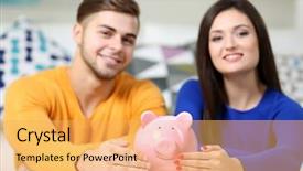  Presentation with money to buy the drugs - Slide deck with finance blue orange - happy couple in a room background and a yellow colored foreground