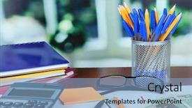  Presentation with flower office desk table - Cool new presentation theme with finance blue orange - office supplies with documents backdrop and a light blue colored foreground