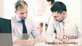  Presentation with meeting - Cool new presentation design with finance business - businessmen with notebook discussing graphs backdrop and a lemonade colored foreground