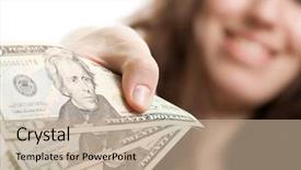  Presentation with finance - Presentation theme featuring finance businesswomen hand holding dollar background and a coral colored foreground