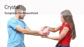  Presentation with communication problem in relationship marital - Presentation having finance difficulties - couple with piggy bank background and a white colored foreground