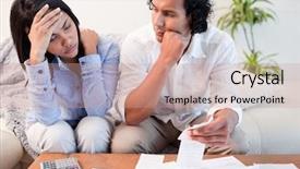  Presentation with couple nature retreat - Slides with finance difficulties - frustrated young couple checking their background and a coral colored foreground