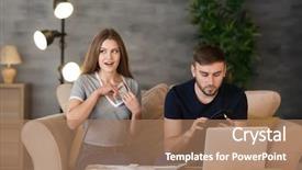  Presentation with sad woman - Presentation theme with finance difficulties - happy woman hiding money background and a coral colored foreground