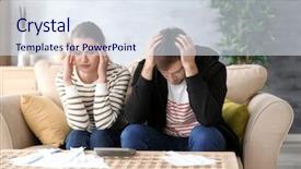  Presentation with unhappy - Colorful theme enhanced with finance difficulties - unhappy young couple sitting backdrop and a sky blue colored foreground