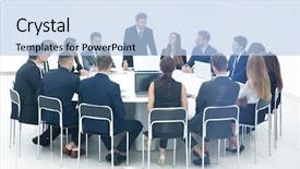  Presentation with director - Amazing presentation theme having finance director meets with employees backdrop and a light blue colored foreground