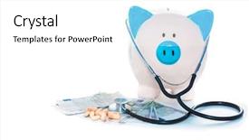  Presentation with piggy bank - Beautiful slides featuring finance health - piggy bank sitting on pile backdrop and a white colored foreground